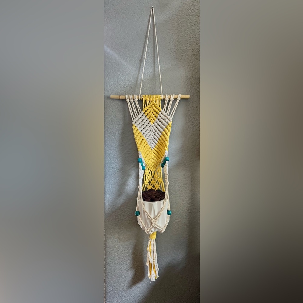 Yellow and Creamy White Macrame Plant Hanger